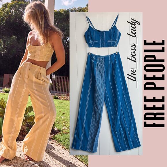 Free People set co-ord matching set pants and crop top cotton striped XL
